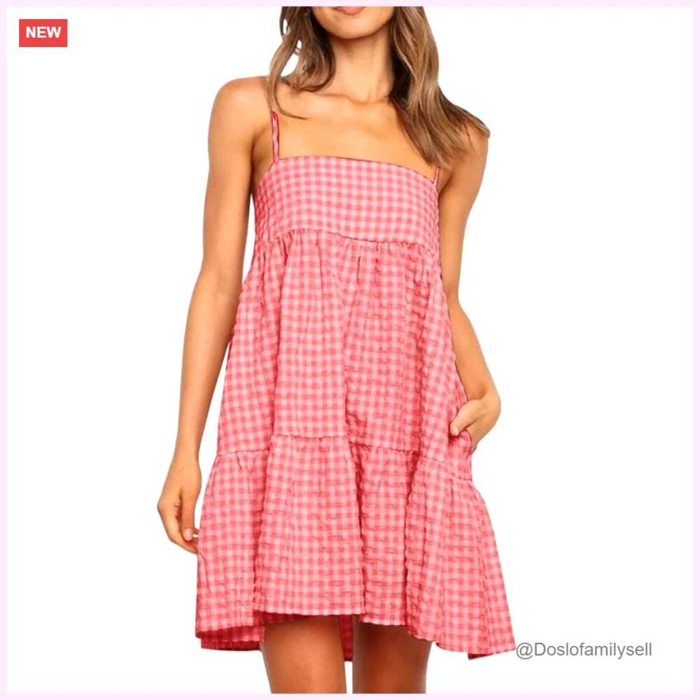 Summer Plaid Mini Dress Spaghetti Strap Sleeveless A-Line Beach Sundress With